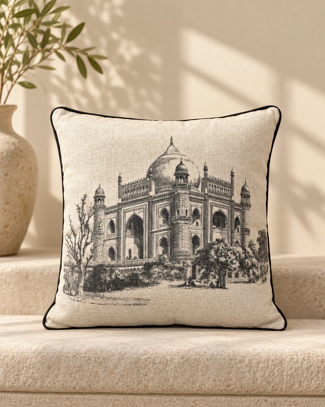 Cojín de terciopelo jacquard con el Taj Mahal y bordón negro