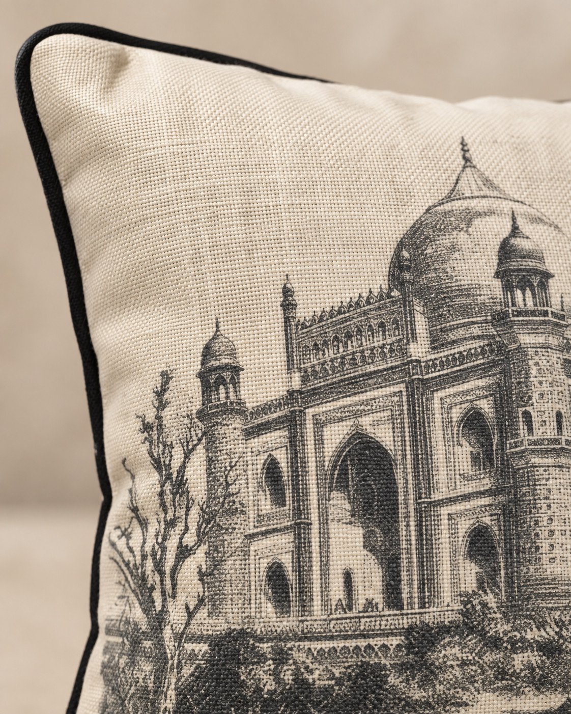 Detalle del dibujo del Taj Mahal y del bordón del cojín jacquard