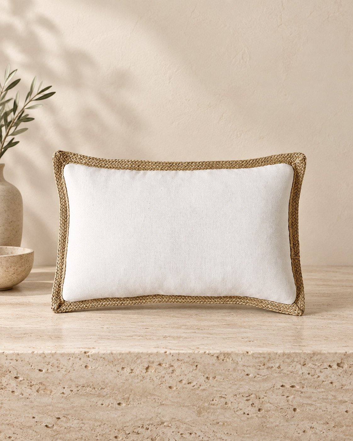 Cojín rectangular blanco con ribete de espiga sobre un banco de piedra