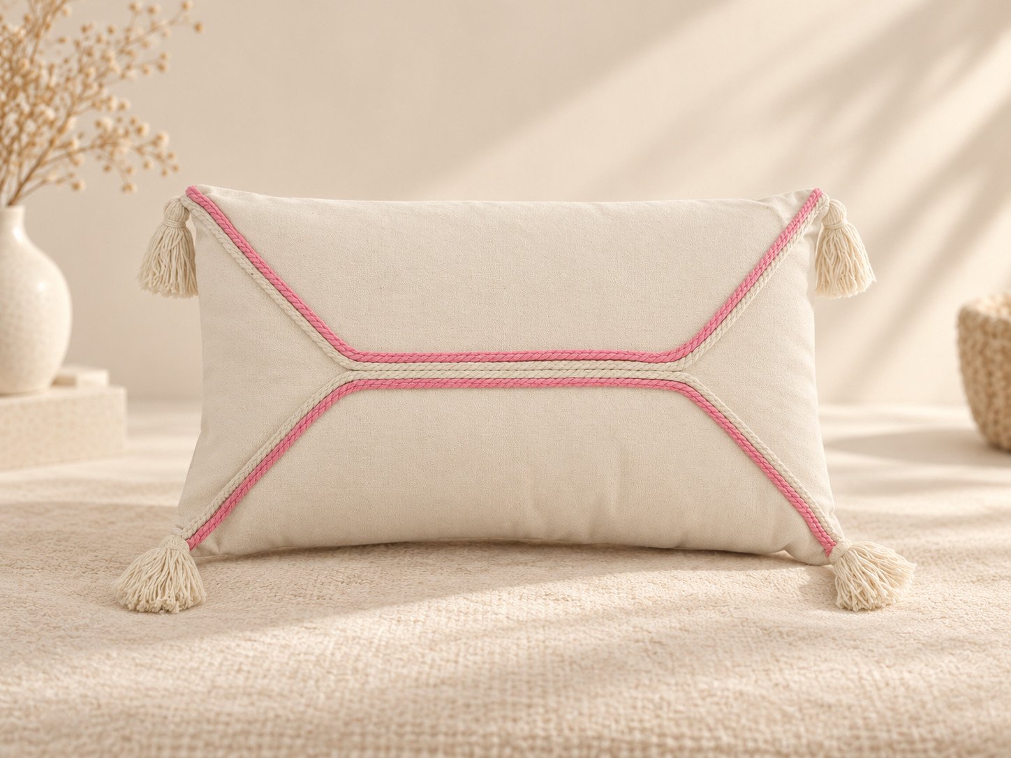 Cojín sobre rectangular con cuerdas rosas y borlas
