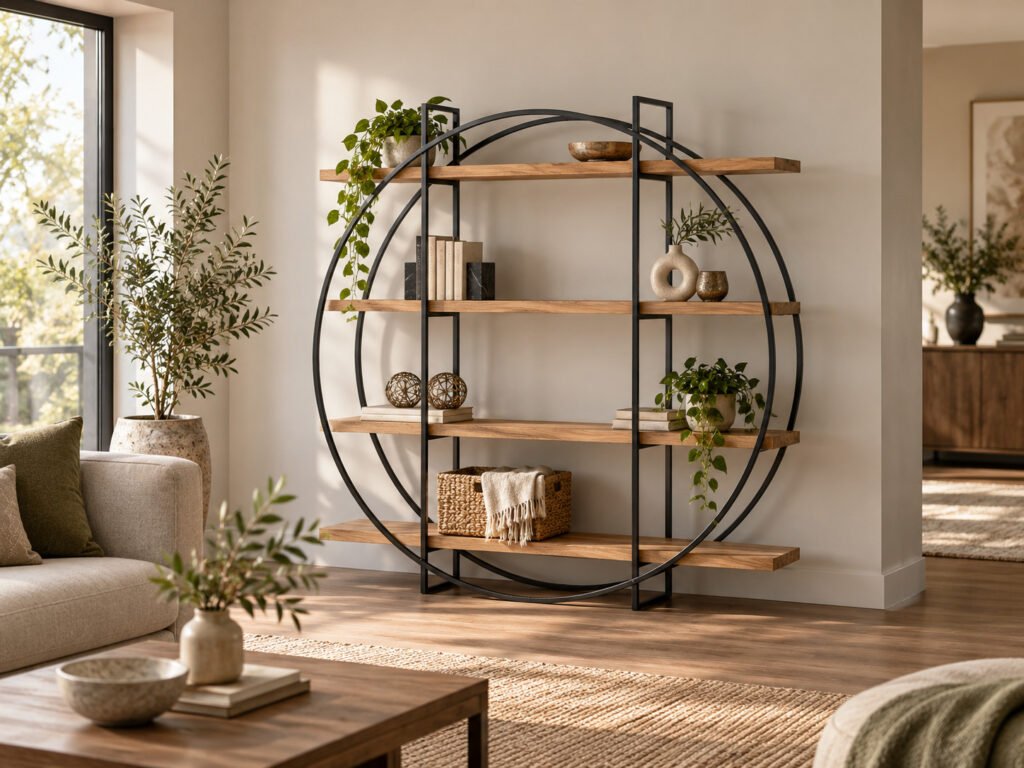 Estantería de círculos en acacia y metal negro, con libros y plantas, en un salón
