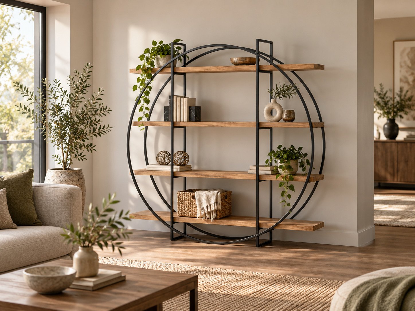 Estantería de círculos en acacia y metal negro, con libros y plantas, en un salón