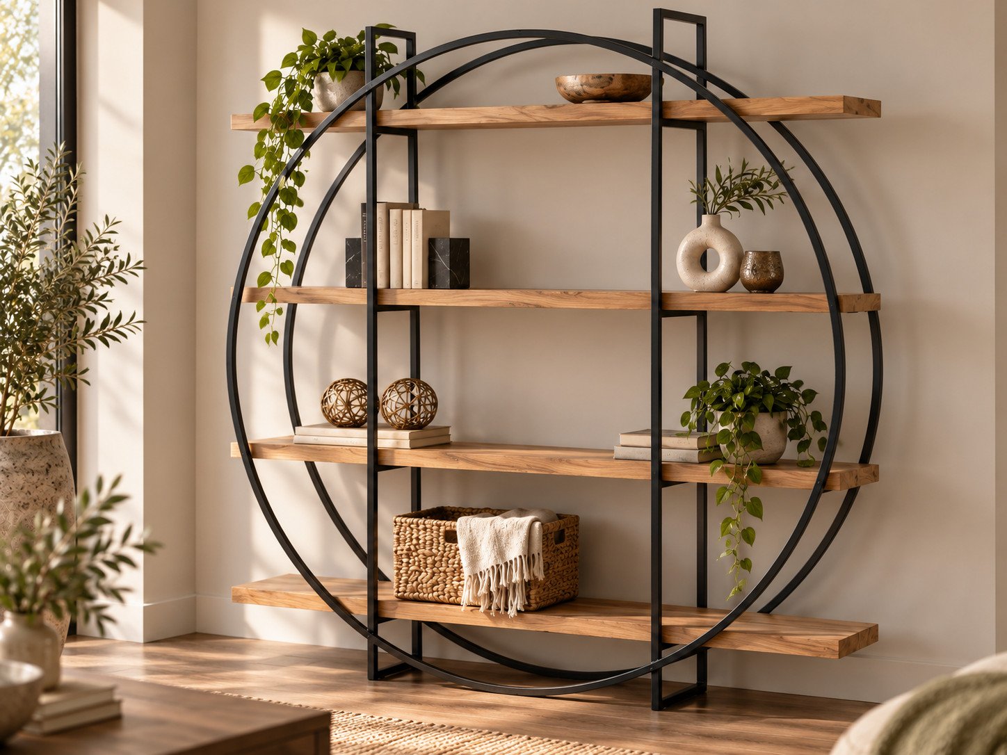 Estantería círculo de frente, con sus baldas de madera y el aro de metal