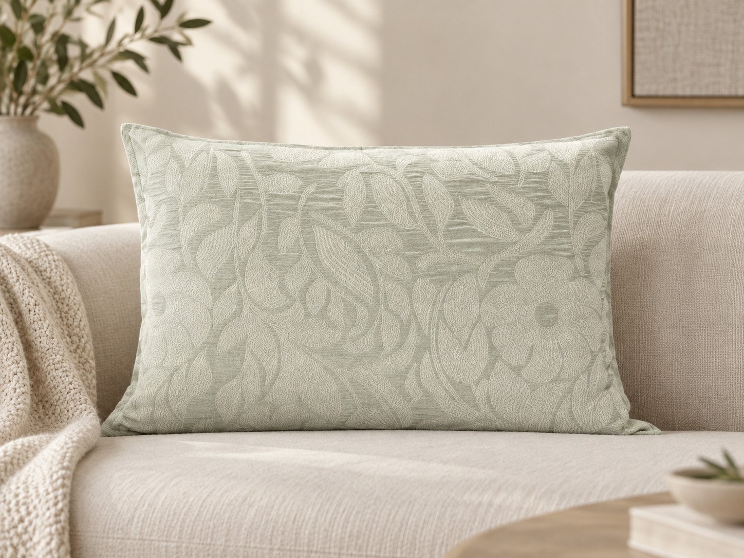 Funda Fleur con jacquard de hojas en verde agua, en un sofá