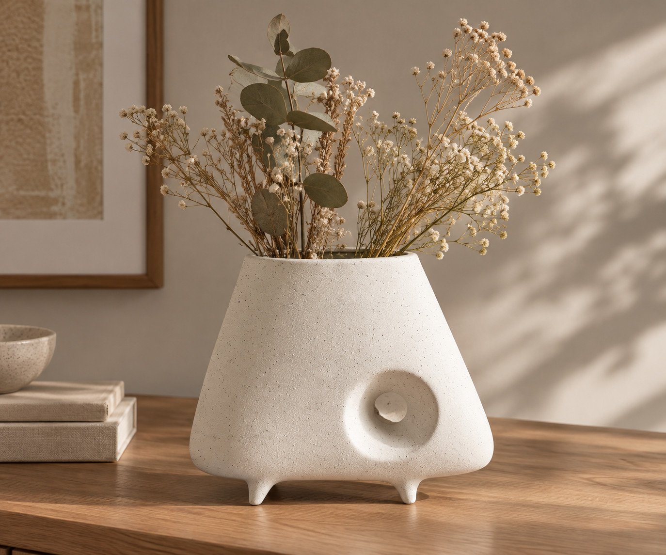 Jarrón blanco con agujero pasante y flores secas, sobre una mesa de madera