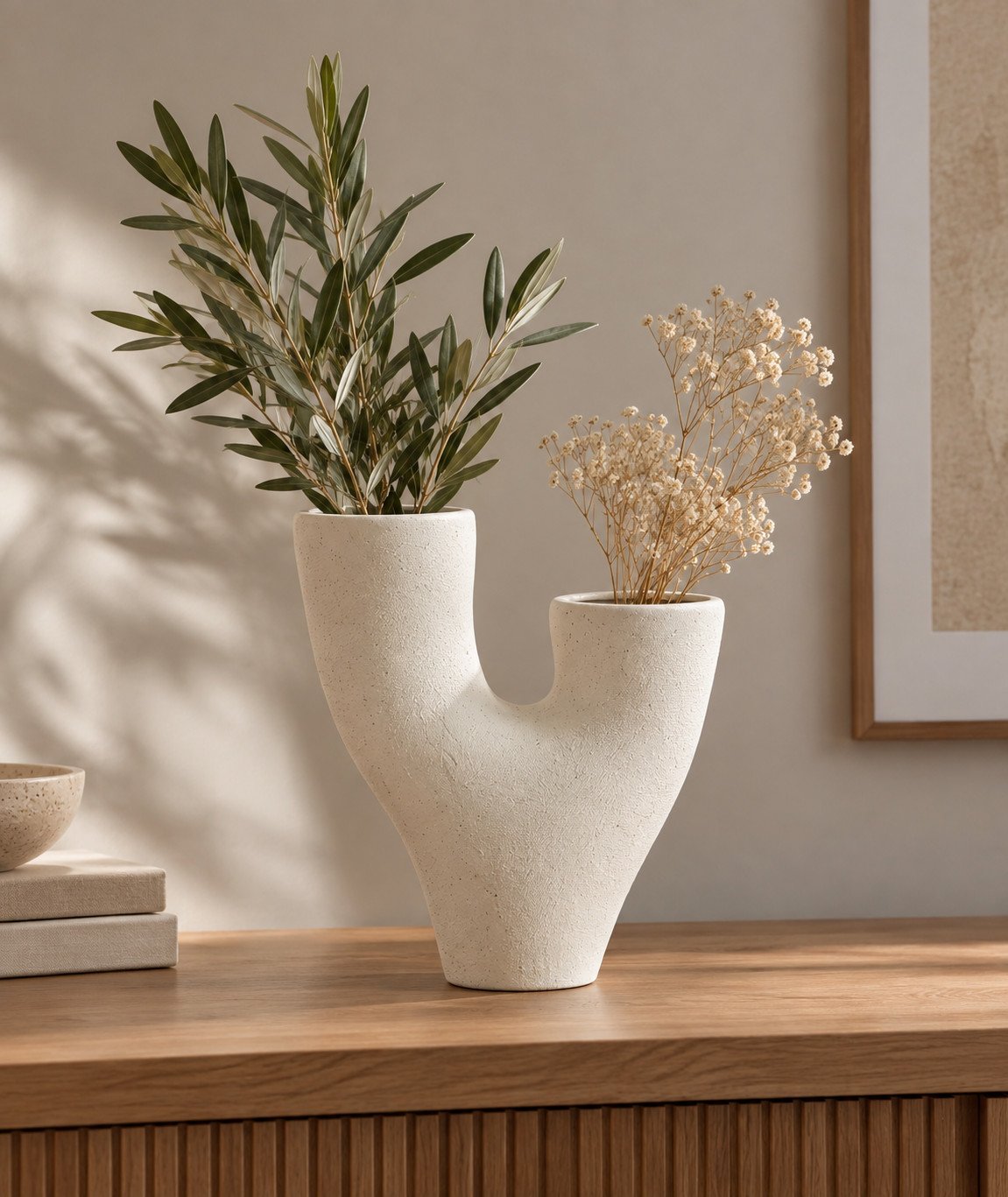 Detalle de los dos brazos del jarrón blanco, con olivo y flores secas