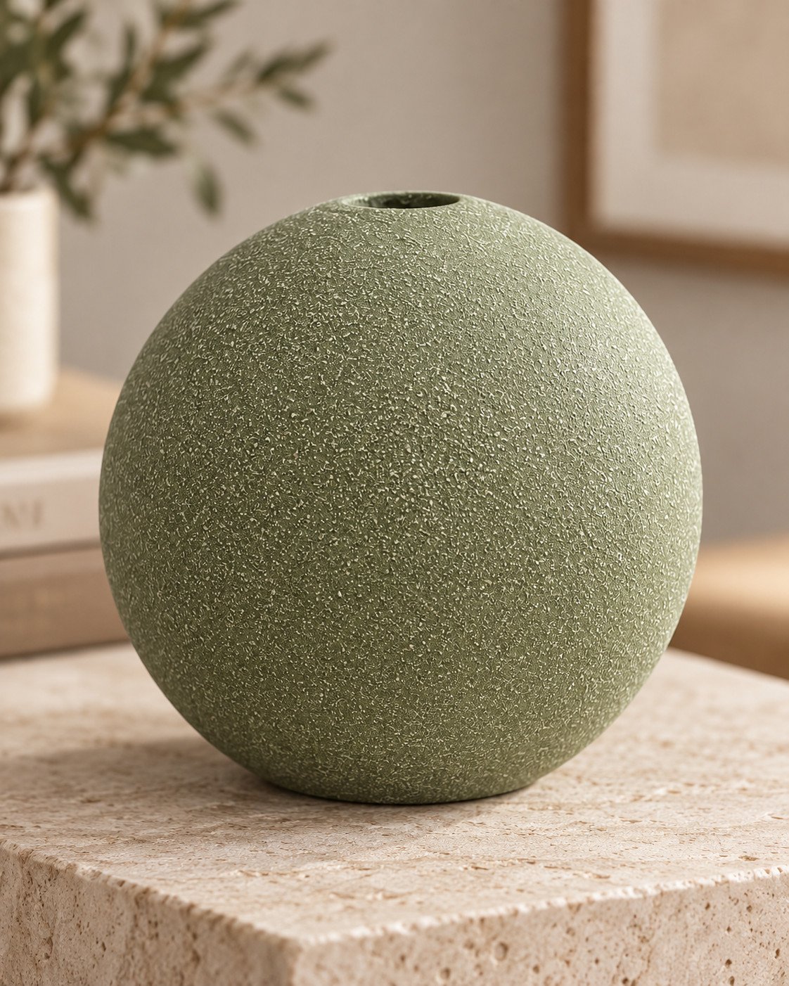 Detalle del acabado de símil piedra del jarrón esfera verde