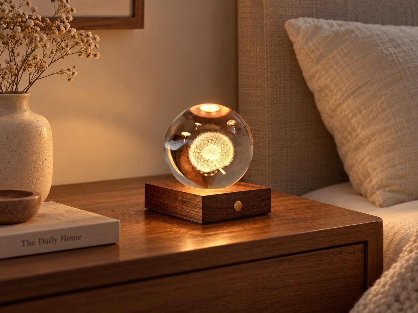 Lámpara Amber Crystal Light Diente de León encendida sobre una mesilla de noche de madera
