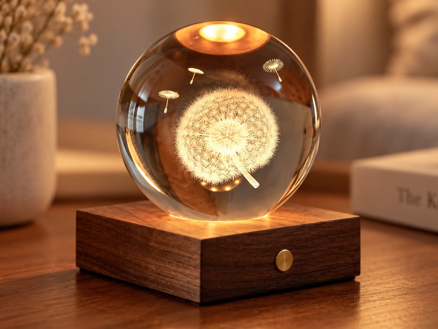 Detalle del diente de león grabado en 3D dentro de la esfera de cristal, sobre su base de madera