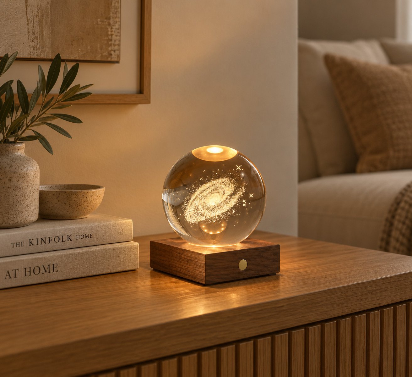 Lámpara Amber Crystal Light Galaxia encendida sobre un aparador de madera, junto a unos libros