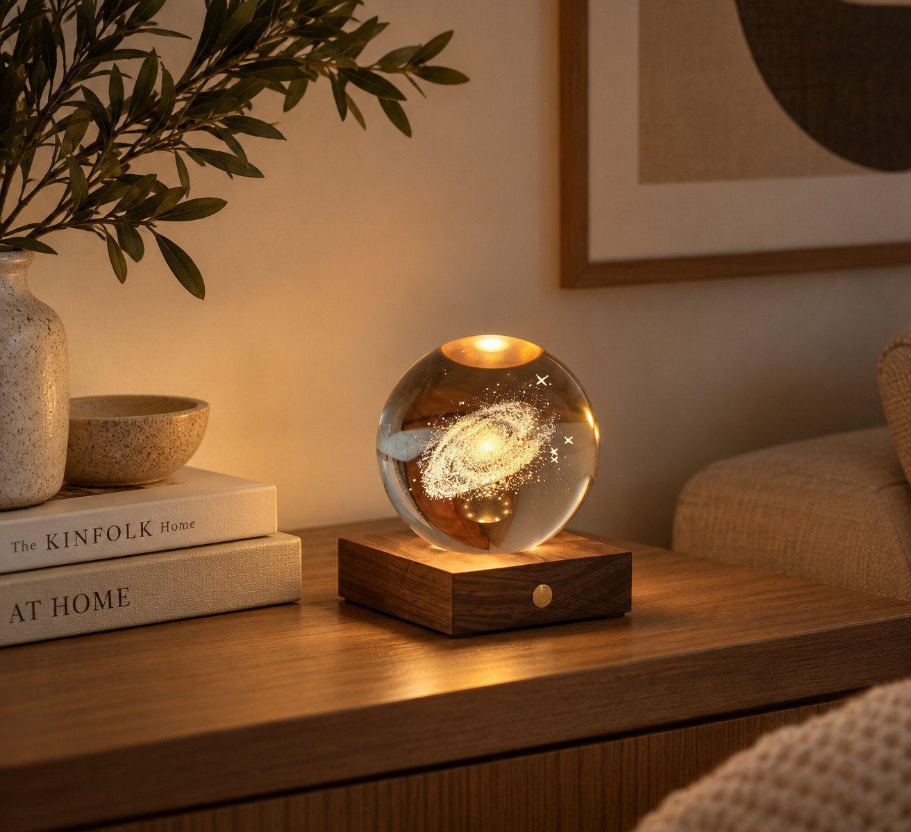Lámpara Amber Crystal Light Galaxia con su luz ámbar sobre la base de madera