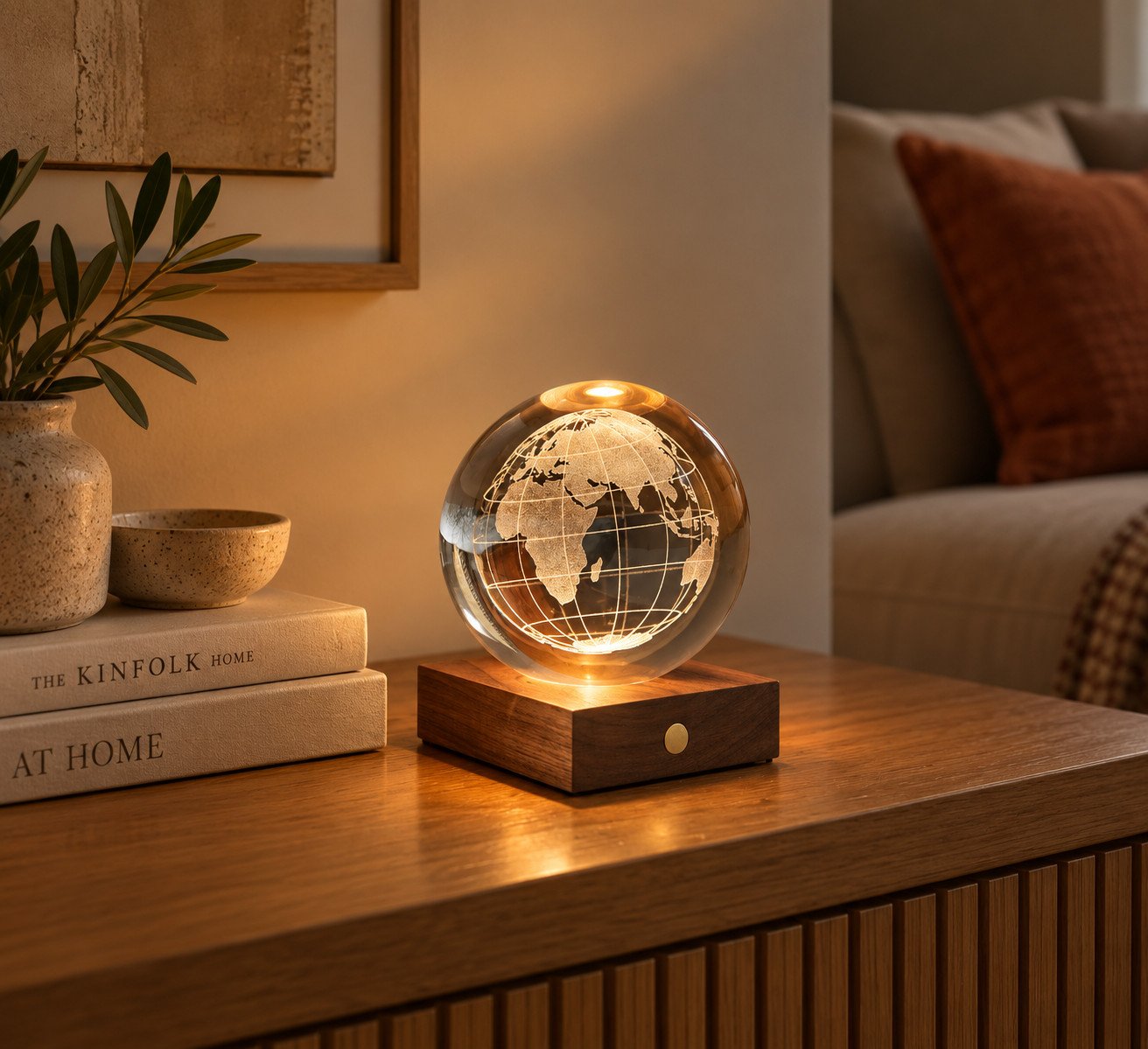 Lámpara Amber Crystal Light Mundo, con el mapa del mundo grabado en 3D, encendida sobre un aparador