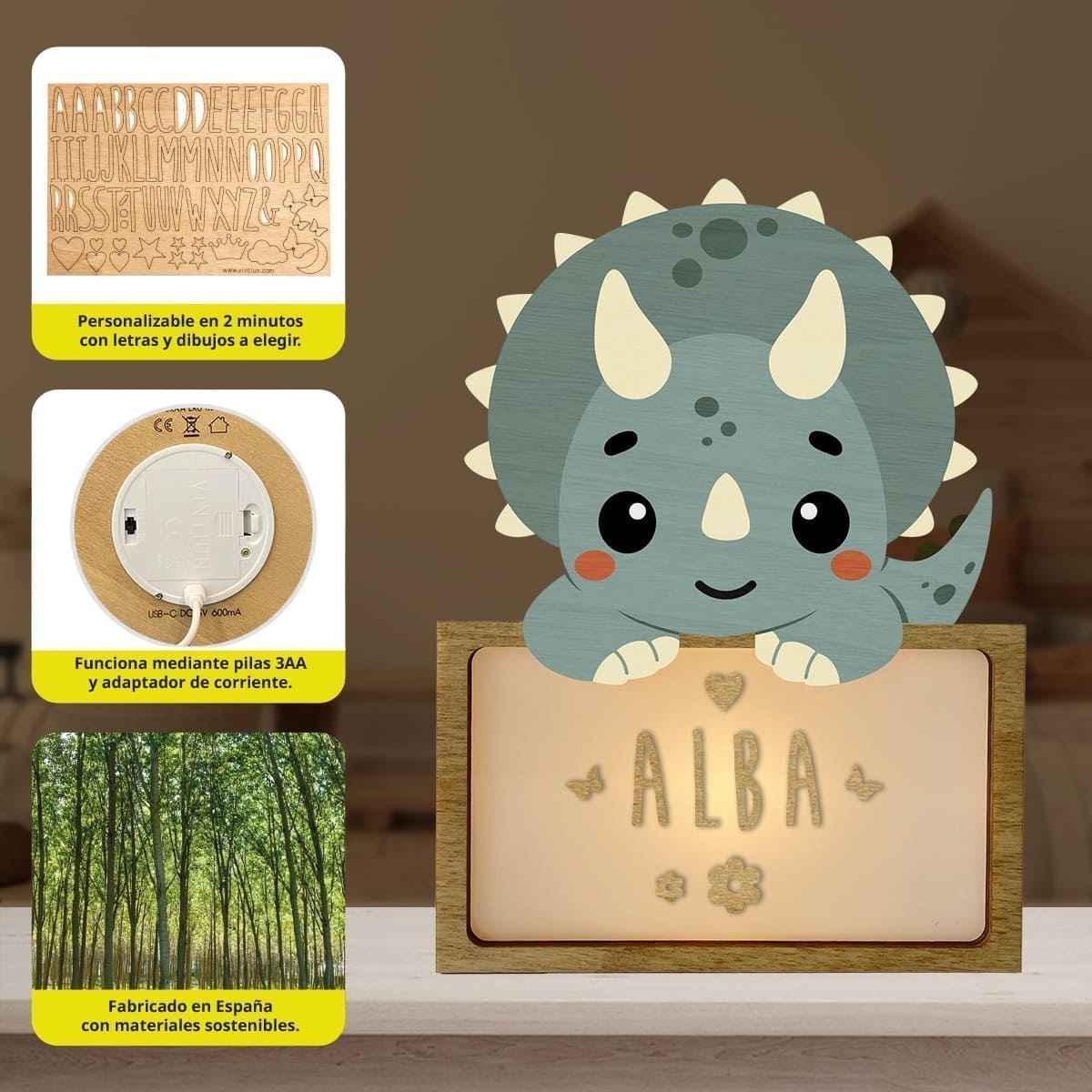 Lámpara Dinosaurio Triceratops Personalizable