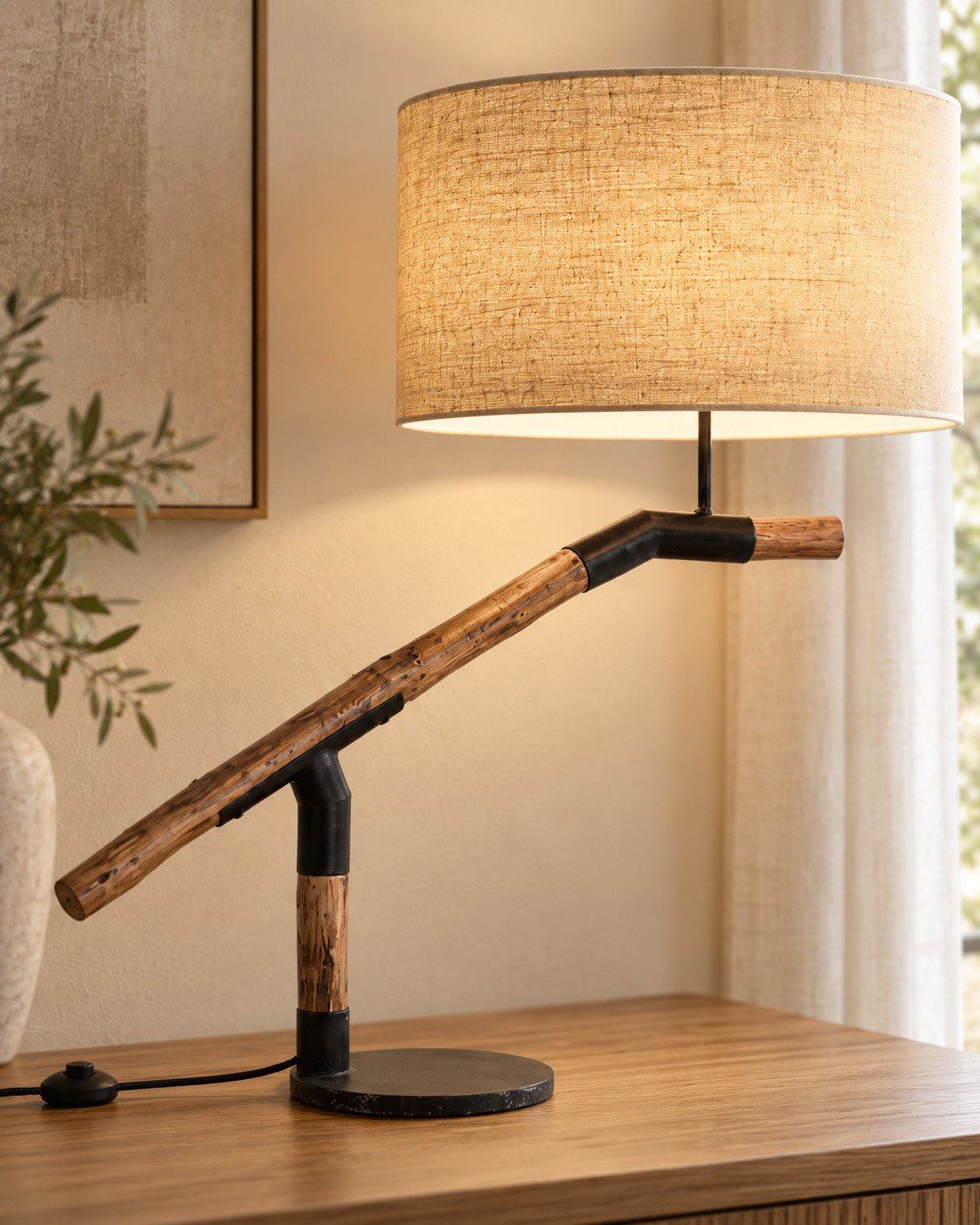 Detalle de la lámpara Galilet: brazo de madera, base negra y pantalla beige encendida
