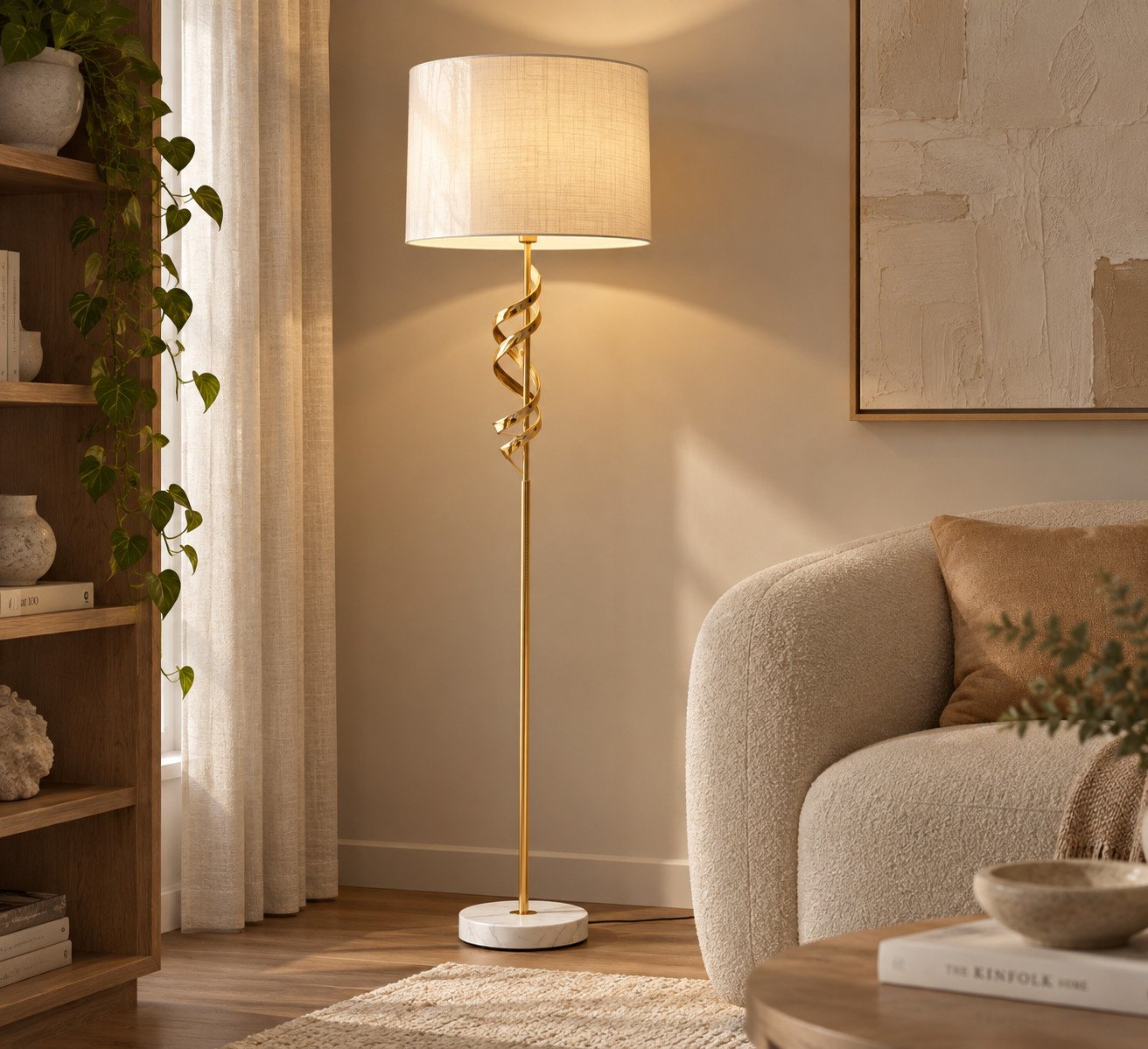 Lámpara de pie Corina en dorado junto a un sillón, con la pantalla encendida