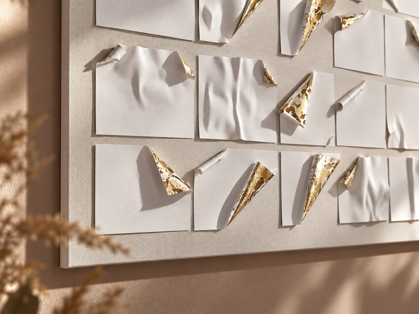 Detalle de las láminas doradas semidespegadas del lienzo abstracto