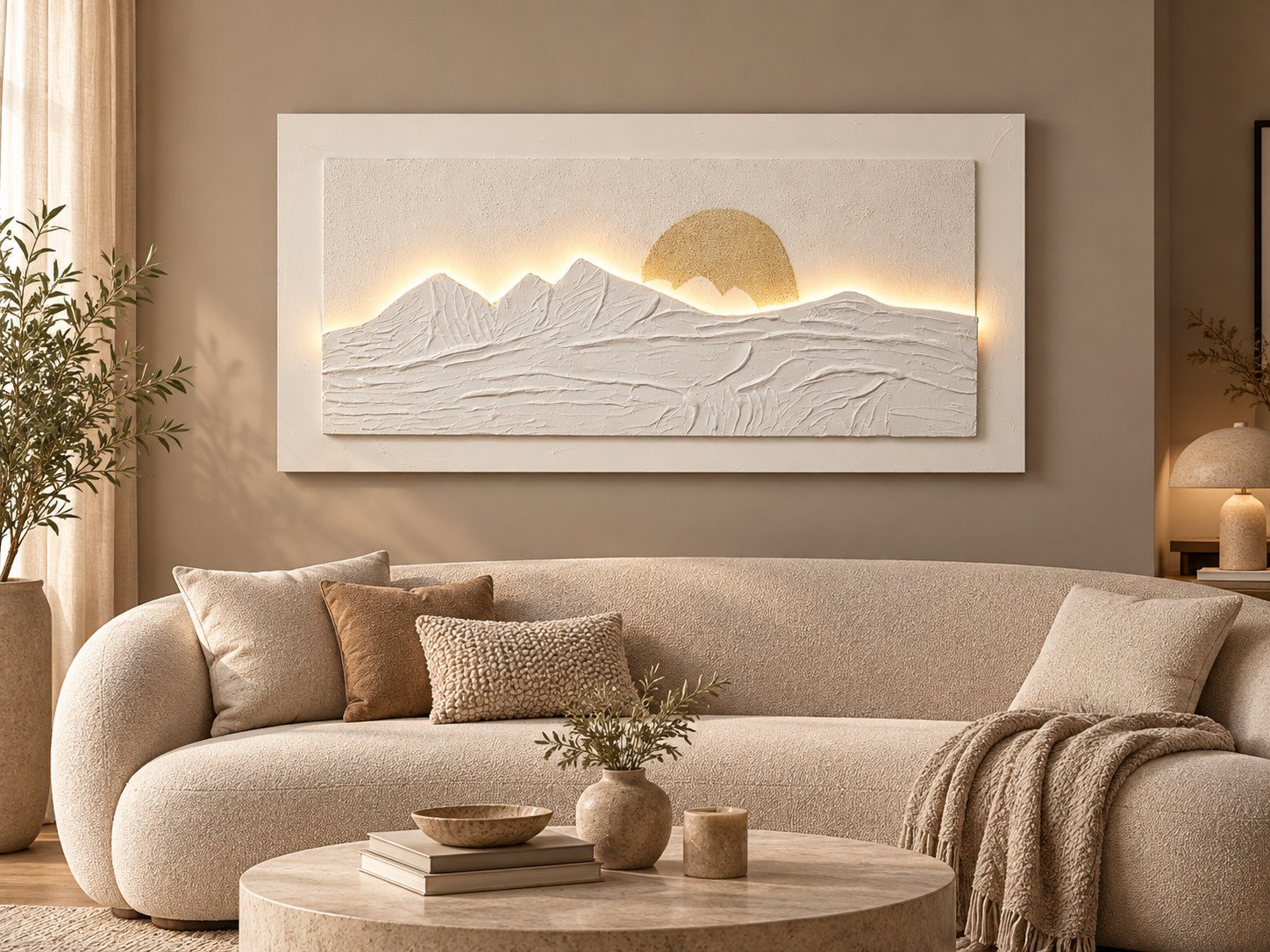 Óleo abstracto de un amanecer en relieve con luz LED, encima de un sofá