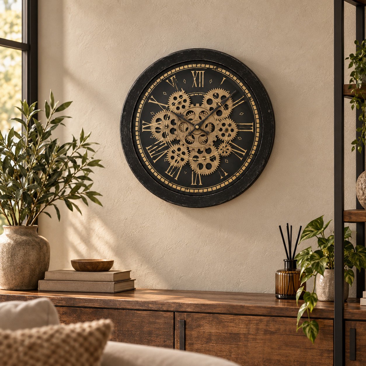 Reloj de pared negro con los engranajes dorados a la vista, junto a un aparador