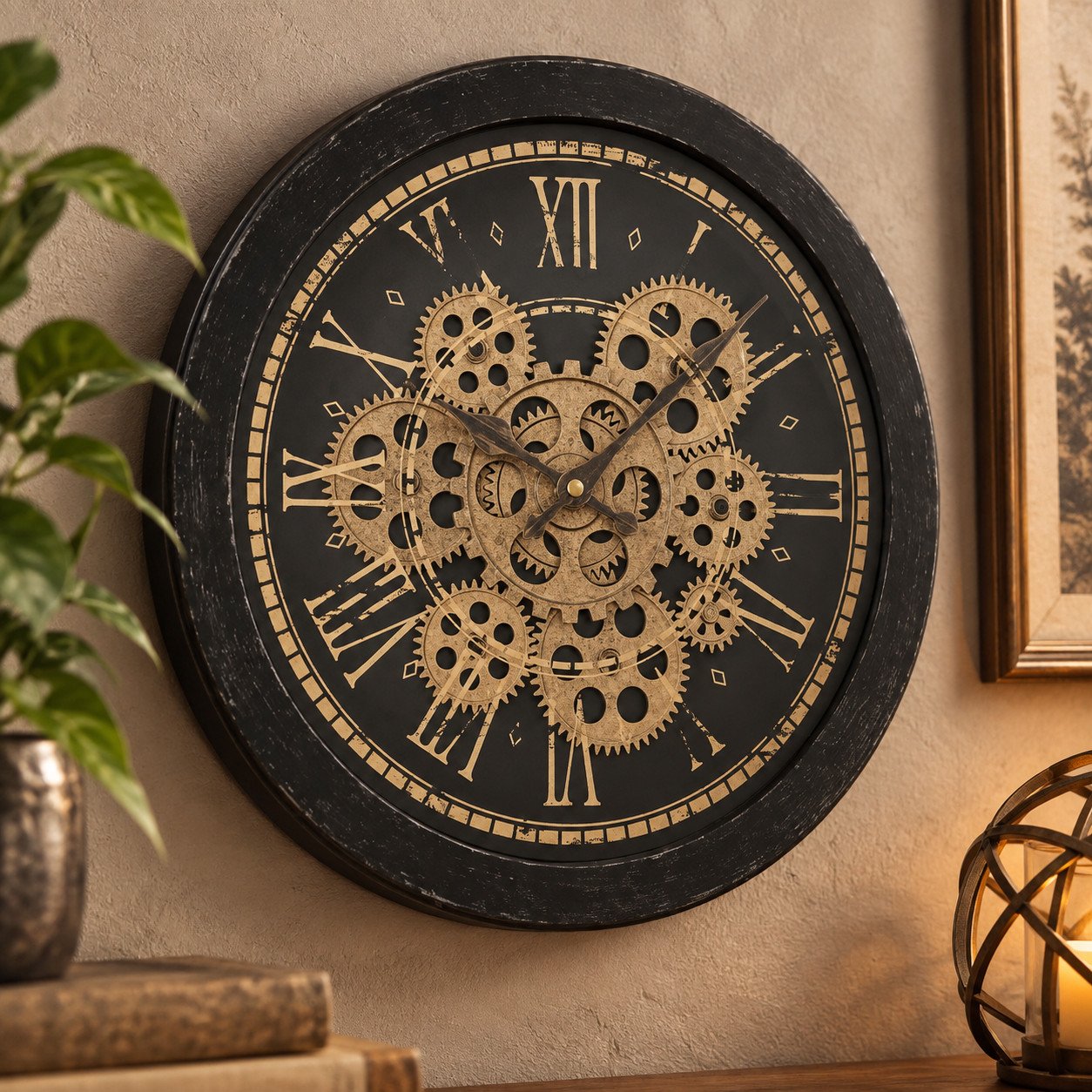 Detalle de los engranajes dorados y la numeración romana del reloj negro