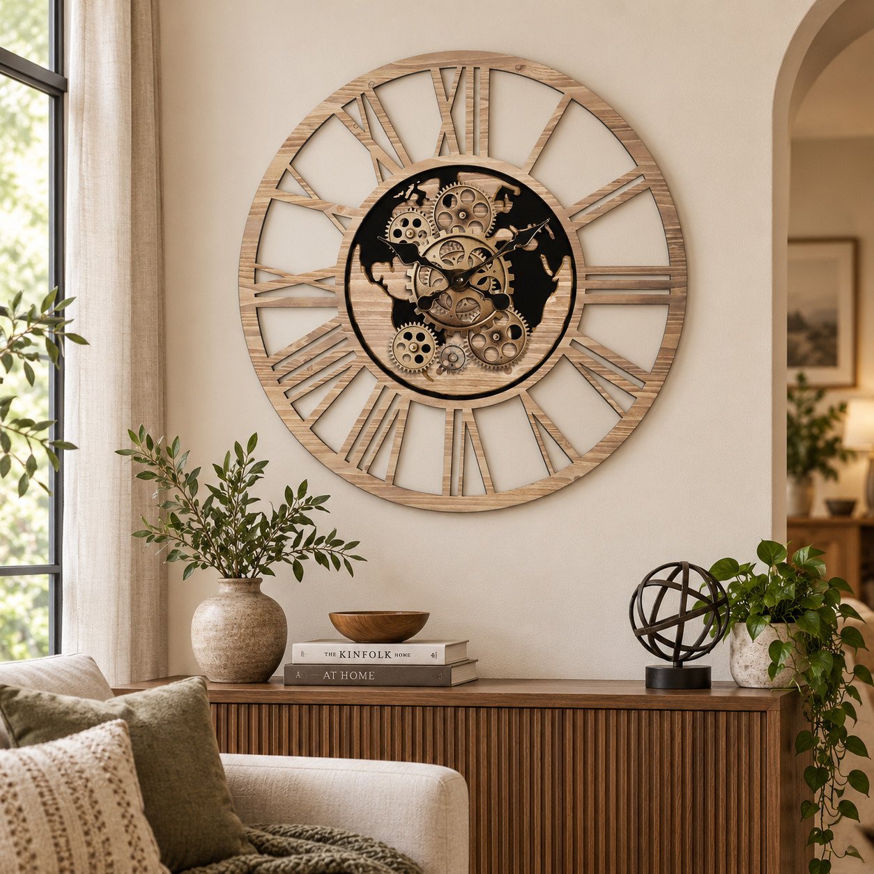 Reloj de pared de madera con numeración romana y mapamundi, en un salón