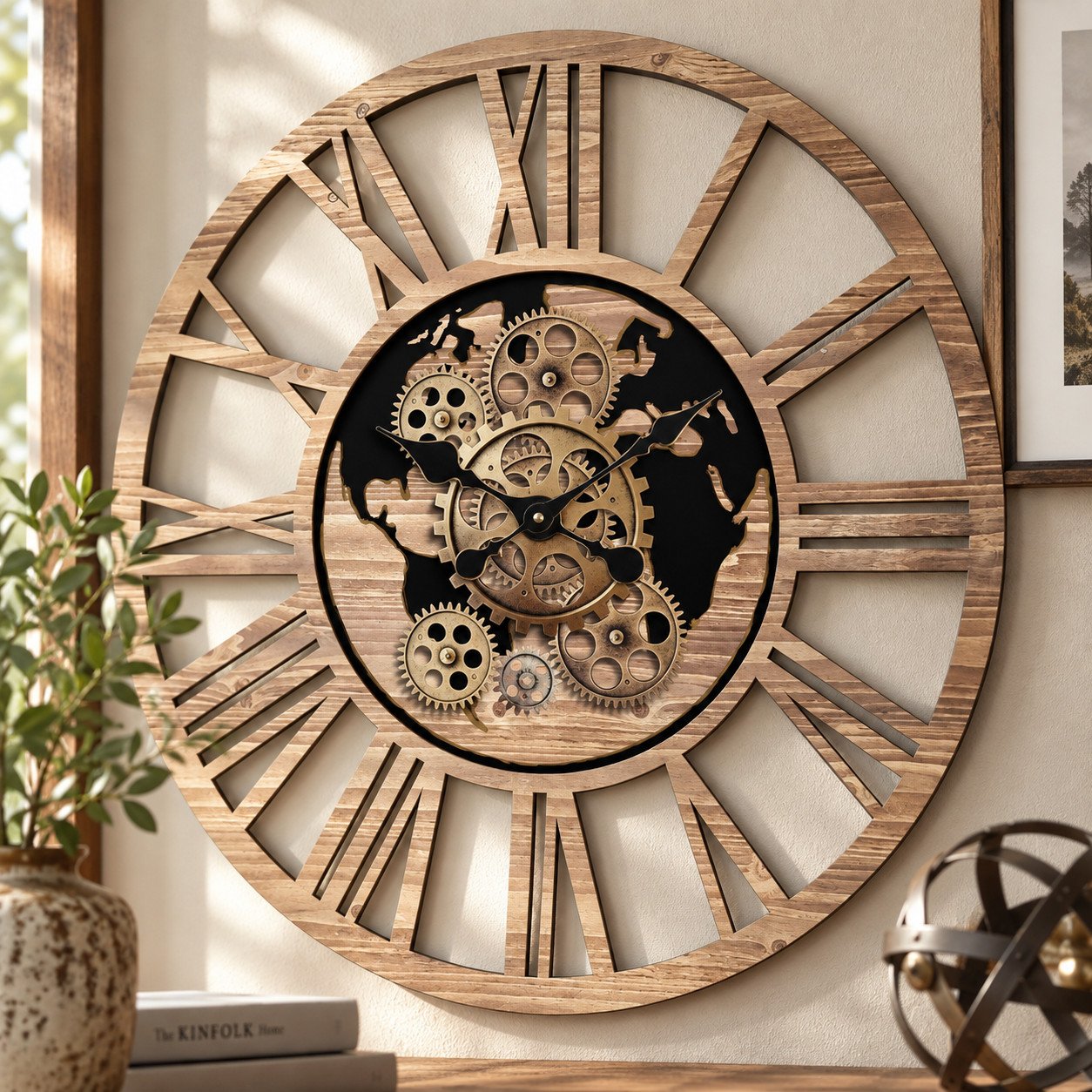 Detalle del mapamundi y los engranajes del reloj de pared de madera