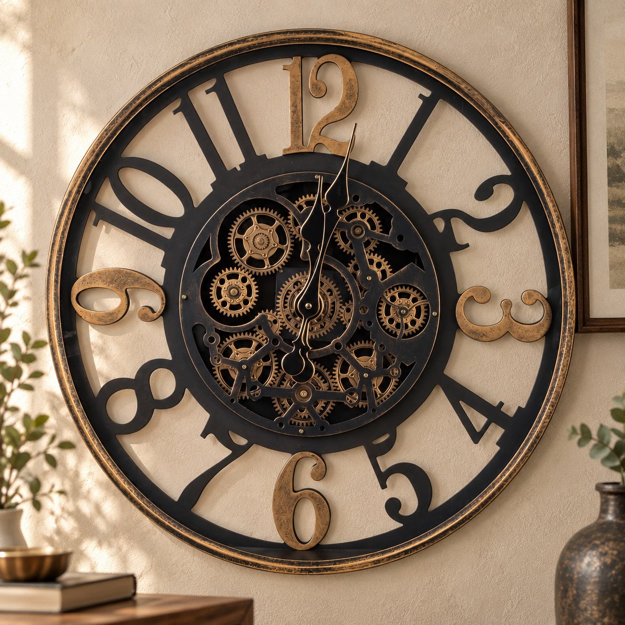 Detalle de los números dorados y los engranajes del reloj de pared negro
