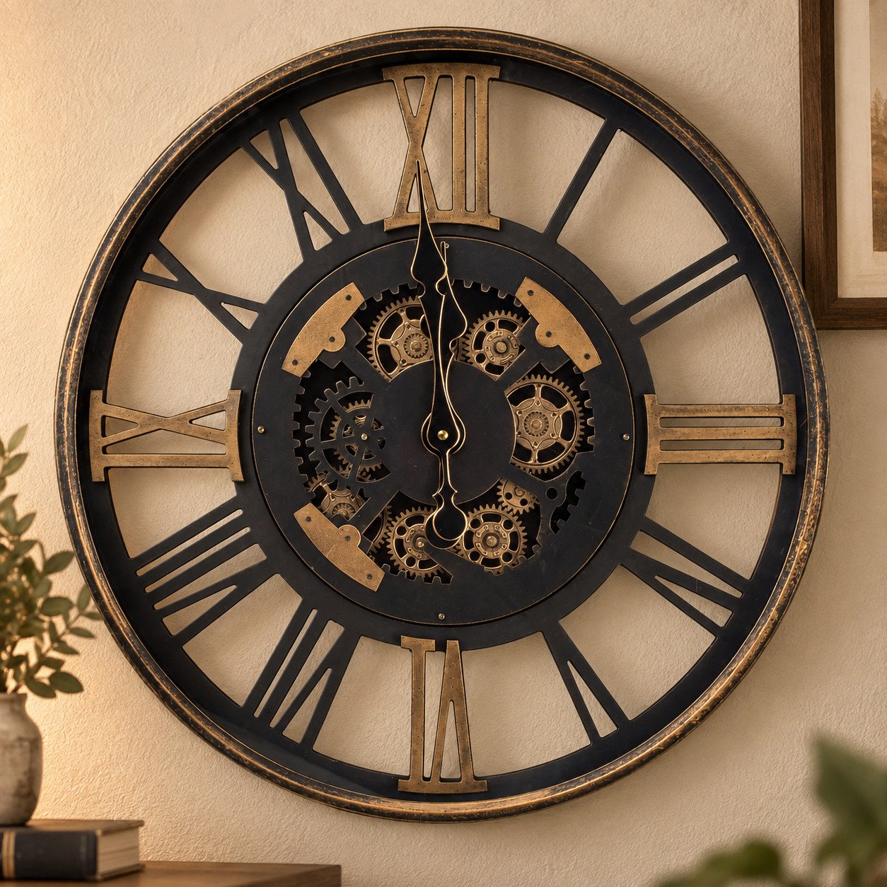 Detalle de la numeración romana dorada y los engranajes del reloj de pared
