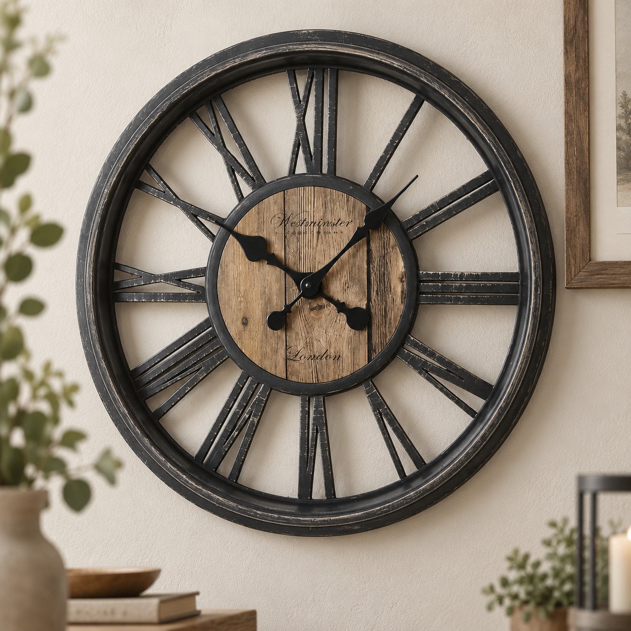 Detalle de la esfera de madera y la numeración romana del reloj troquelado