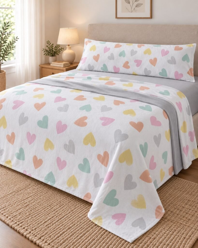 Sábanas de Coralina Burrito Blanco – Diseño Corazones (Cama 90 cm)