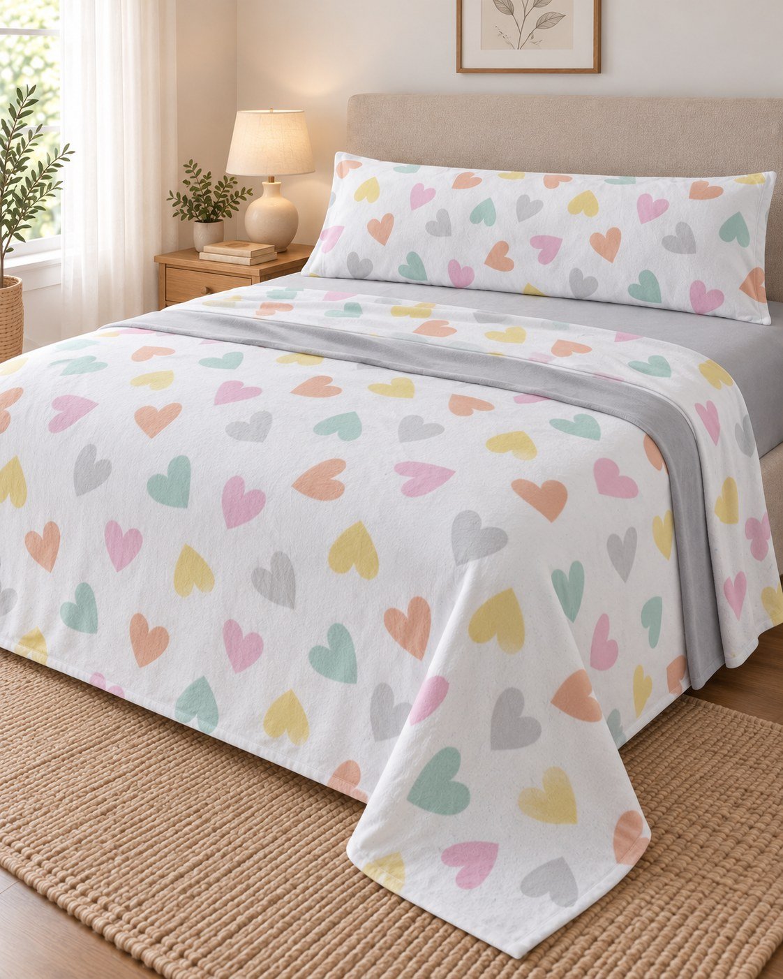 Sábanas de Coralina Burrito Blanco – Diseño Corazones (Cama 90 cm)
