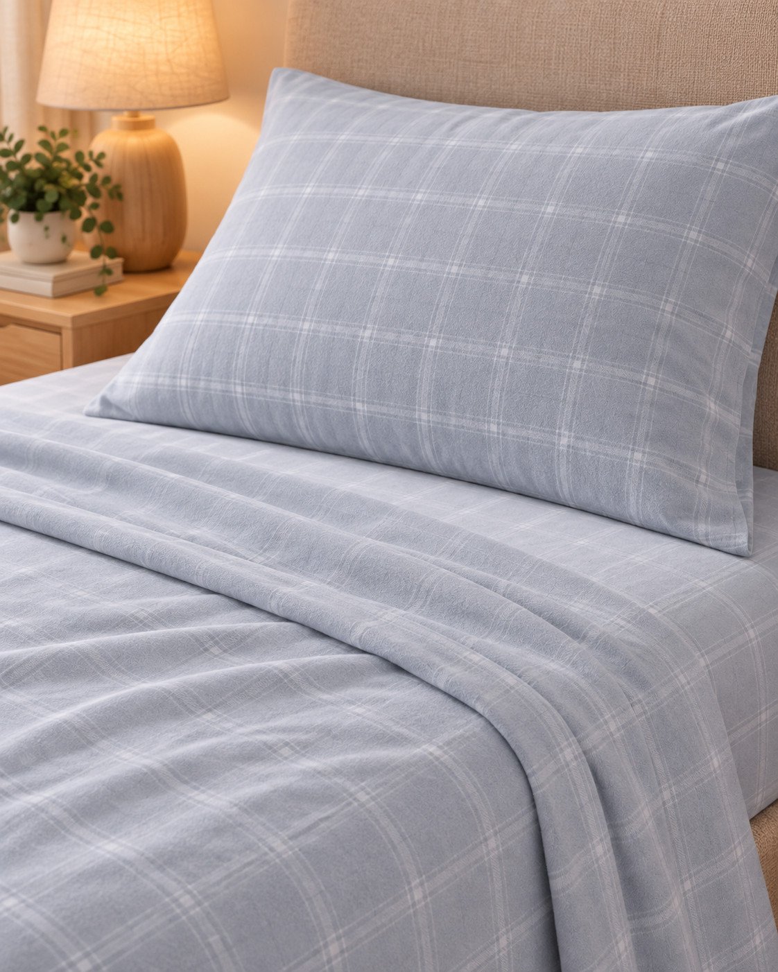 Detalle de la almohada y la sábana de cuadros azul de Velvelina