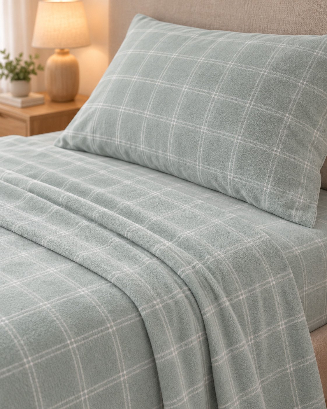 Detalle de la almohada y la sábana de cuadros verde salvia de Velvelina
