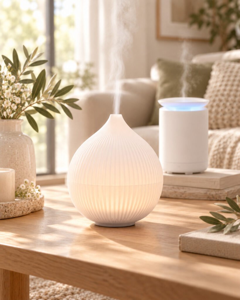 Difusor de aroma de cerámica encendido junto a un humidificador, sobre una mesa de madera en un salón luminoso