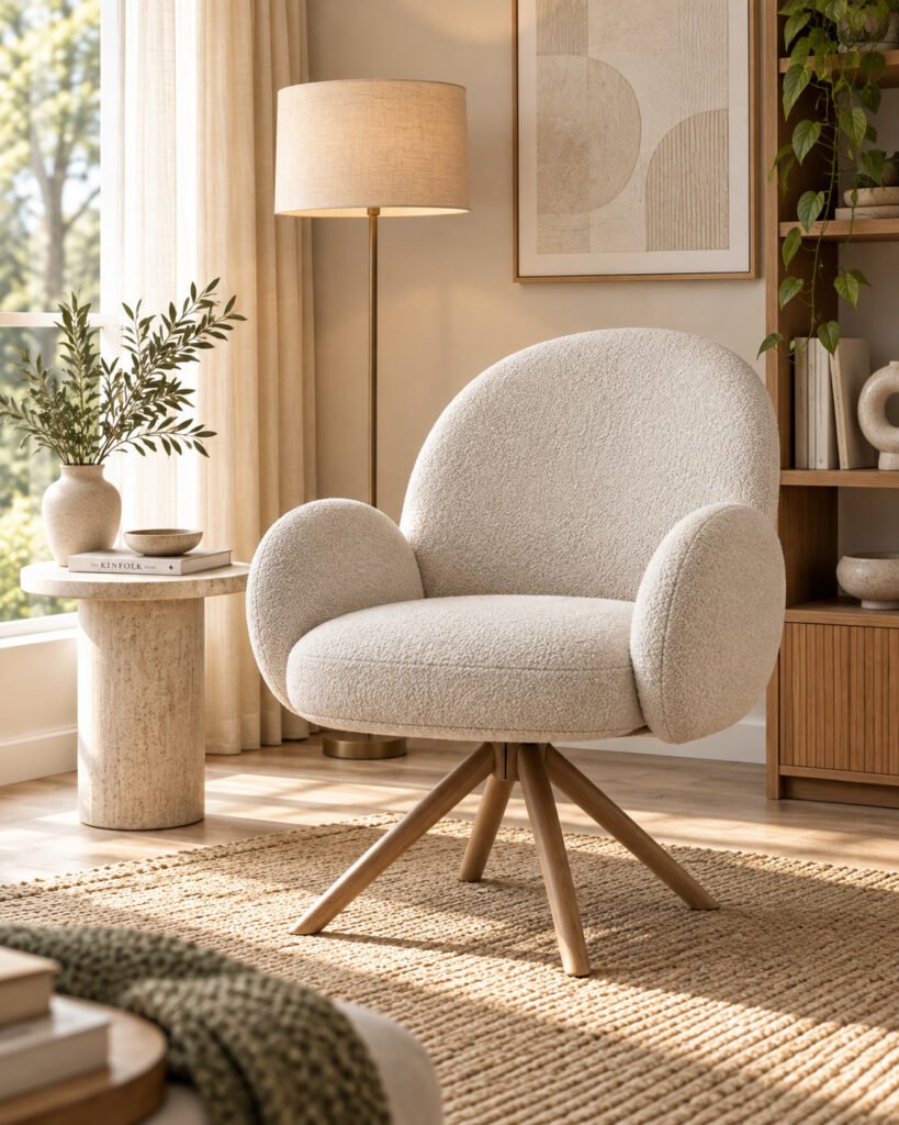 Butaca tapizada en bouclé blanco con patas de madera, junto a una lámpara de pie