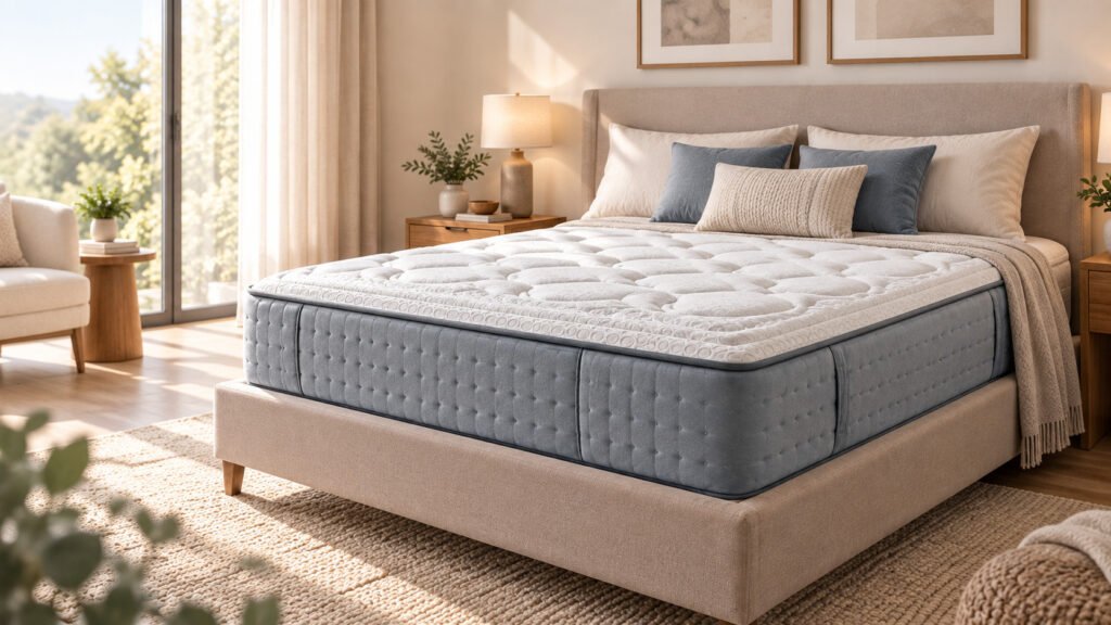 Colchón con laterales azules sobre una cama tapizada en beige, en un dormitorio con ventanal