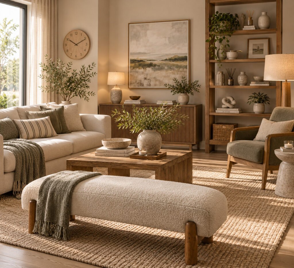 Salón con banco tapizado, sofá, sillón, mesa de centro, estanterías y reloj de pared