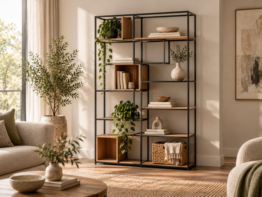 Estantería de metal negro y madera con libros, plantas y cestas en un salón