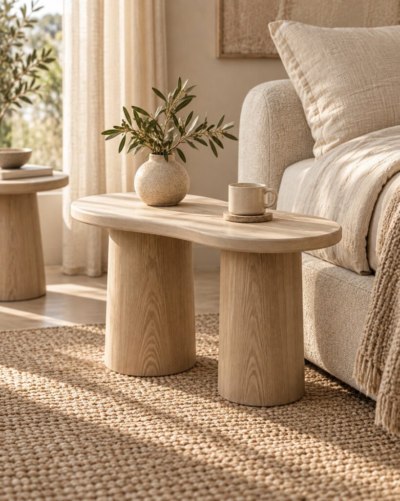Mesa auxiliar de madera clara con patas cilíndricas junto a un sillón tapizado