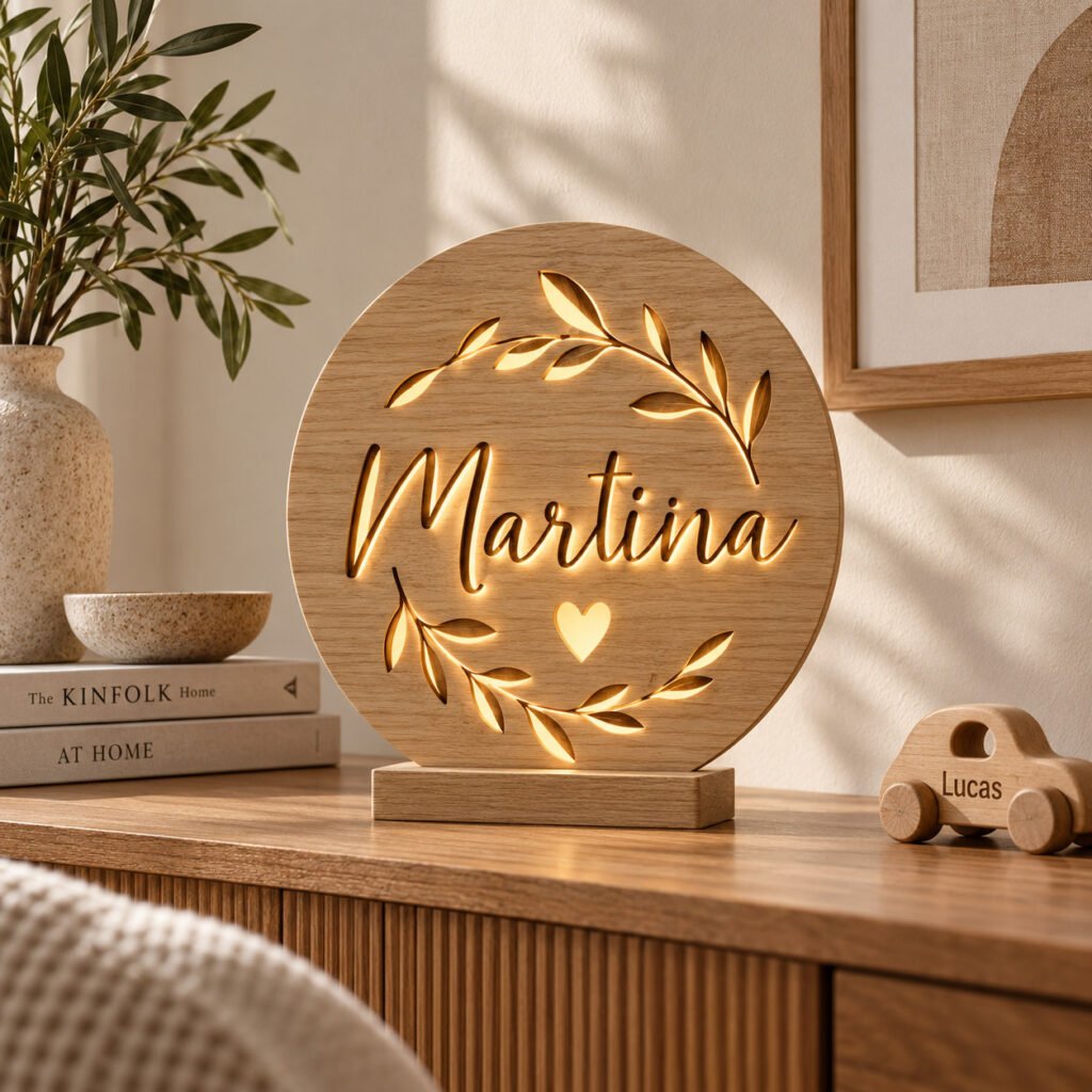 Lámpara de madera personalizada con el nombre Martina, encendida sobre una cómoda