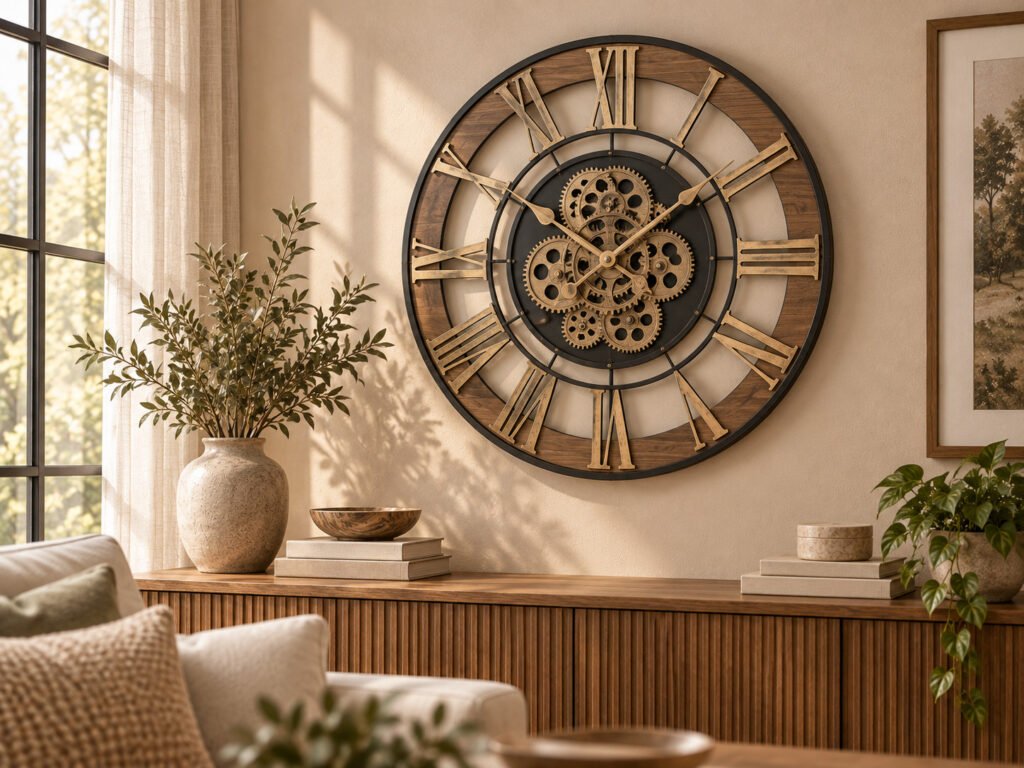 Reloj de pared de engranajes con números romanos sobre un aparador de madera
