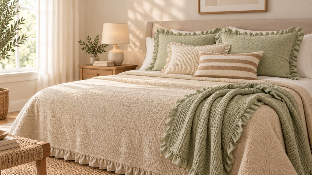 Colcha acolchada color crudo con manta verde y cojines de rayas sobre una cama de matrimonio