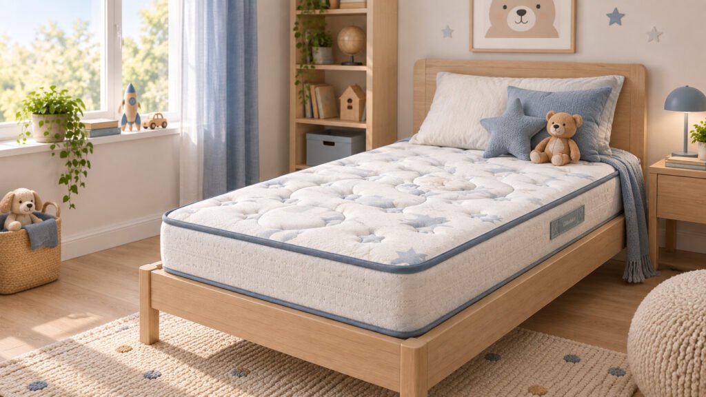 Colchón juvenil sobre una cama de madera en un dormitorio infantil con peluches