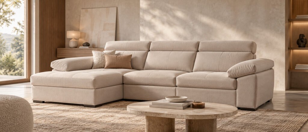 Salón con un sofá chaise longue claro